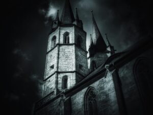 En svartvit bild tagen nedifrån på en stenkyrka. Stenkyrkan har två större torn som är hexagonformade.